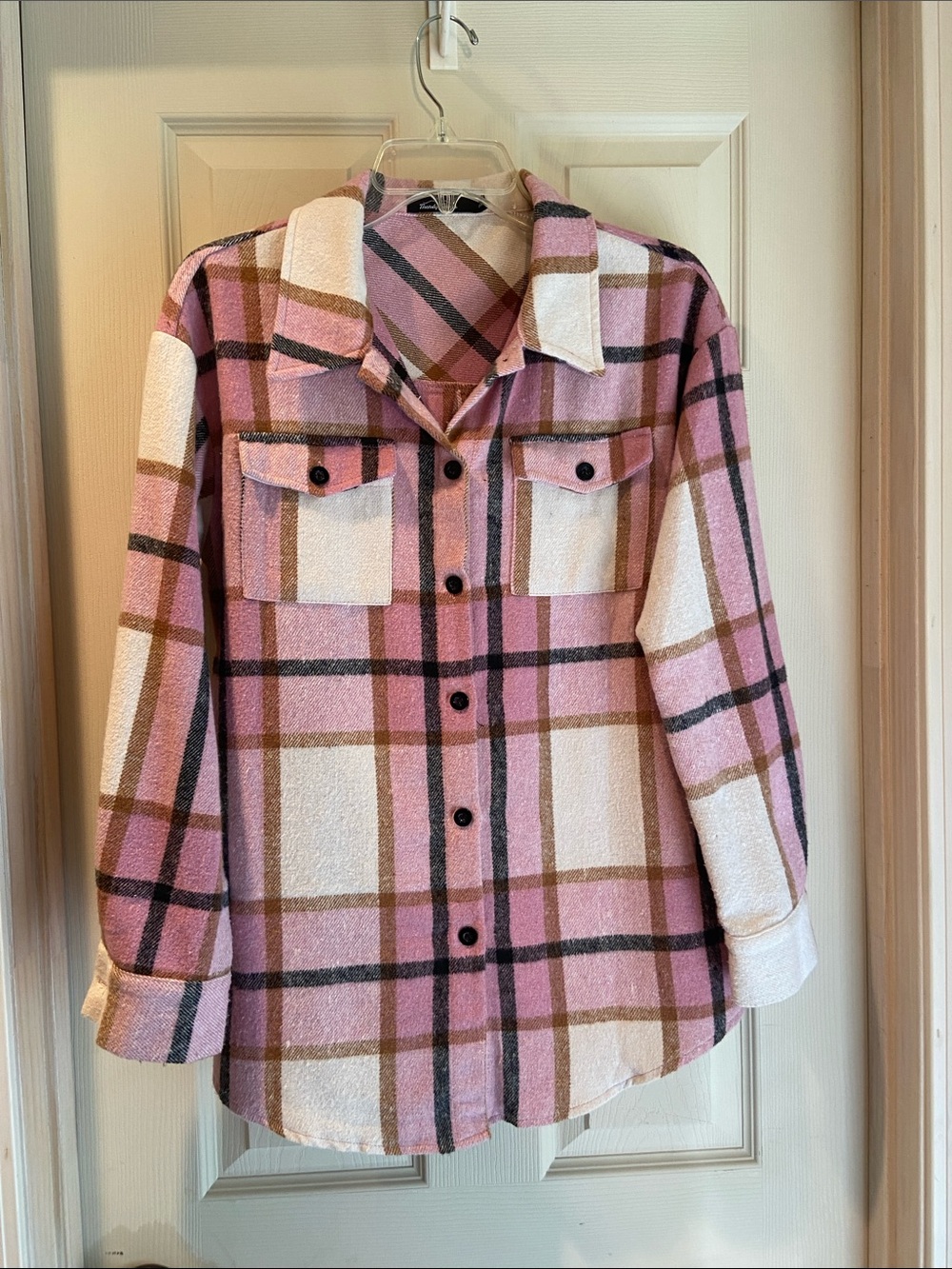 Plaid Button-Front Shacket Jacket in Pink and Cream